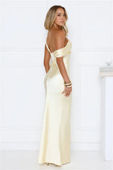 She's A Dream Satin Off Shoulder Maxi Dress Yellow