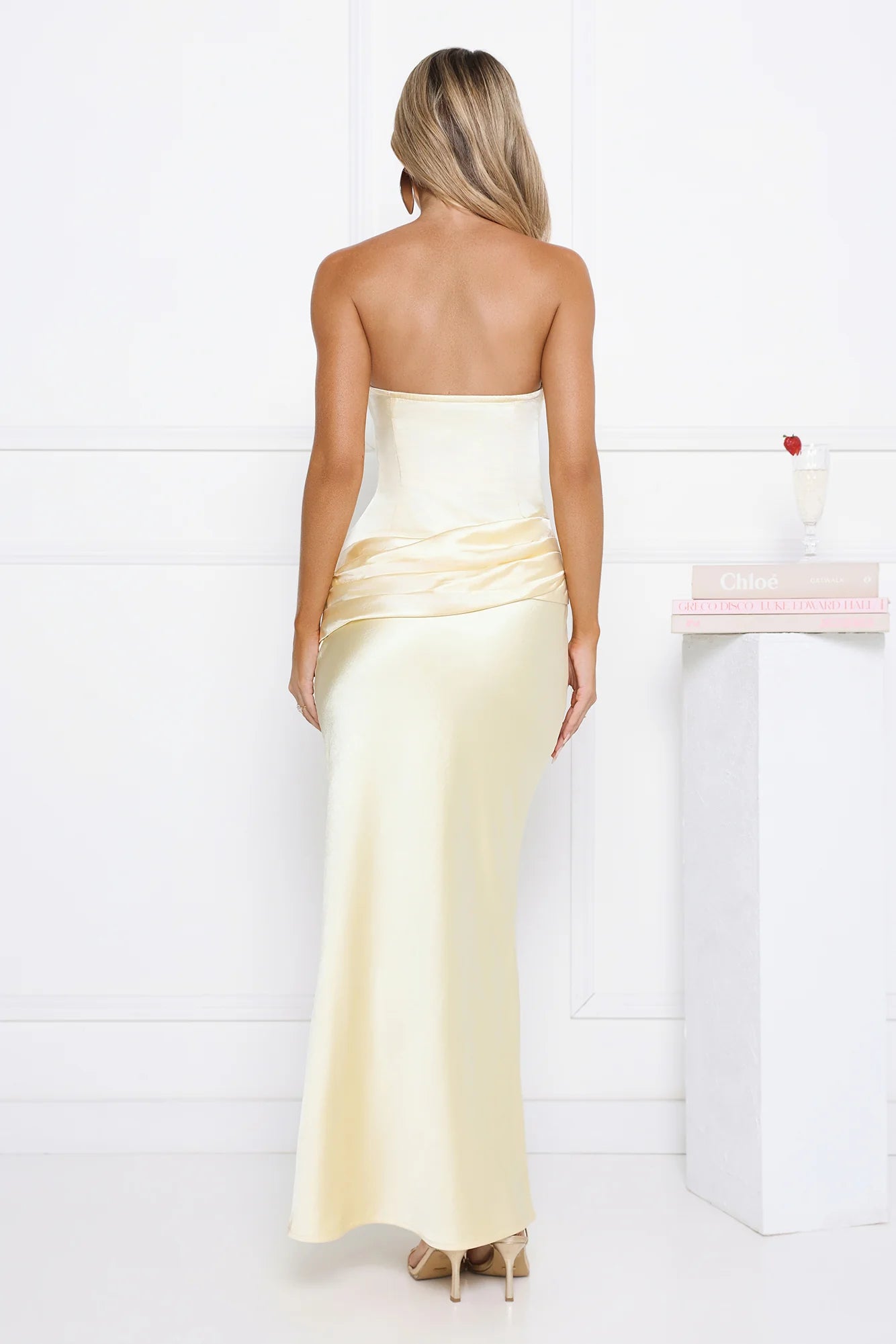 In Silk Strapless Satin Maxi Dress Yellow