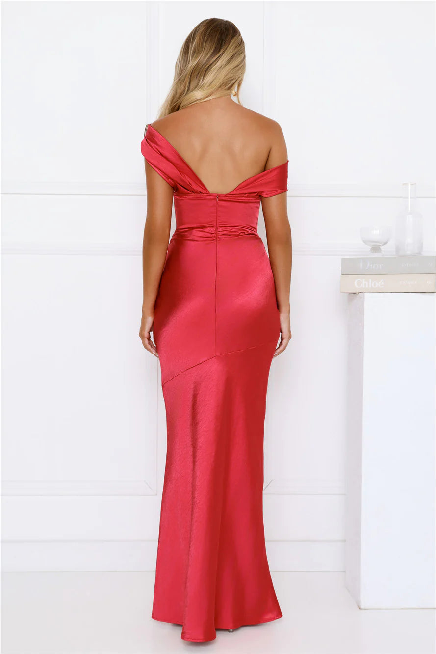 She's A Dream Satin Off Shoulder Maxi Dress Red