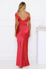 She's A Dream Satin Off Shoulder Maxi Dress Red