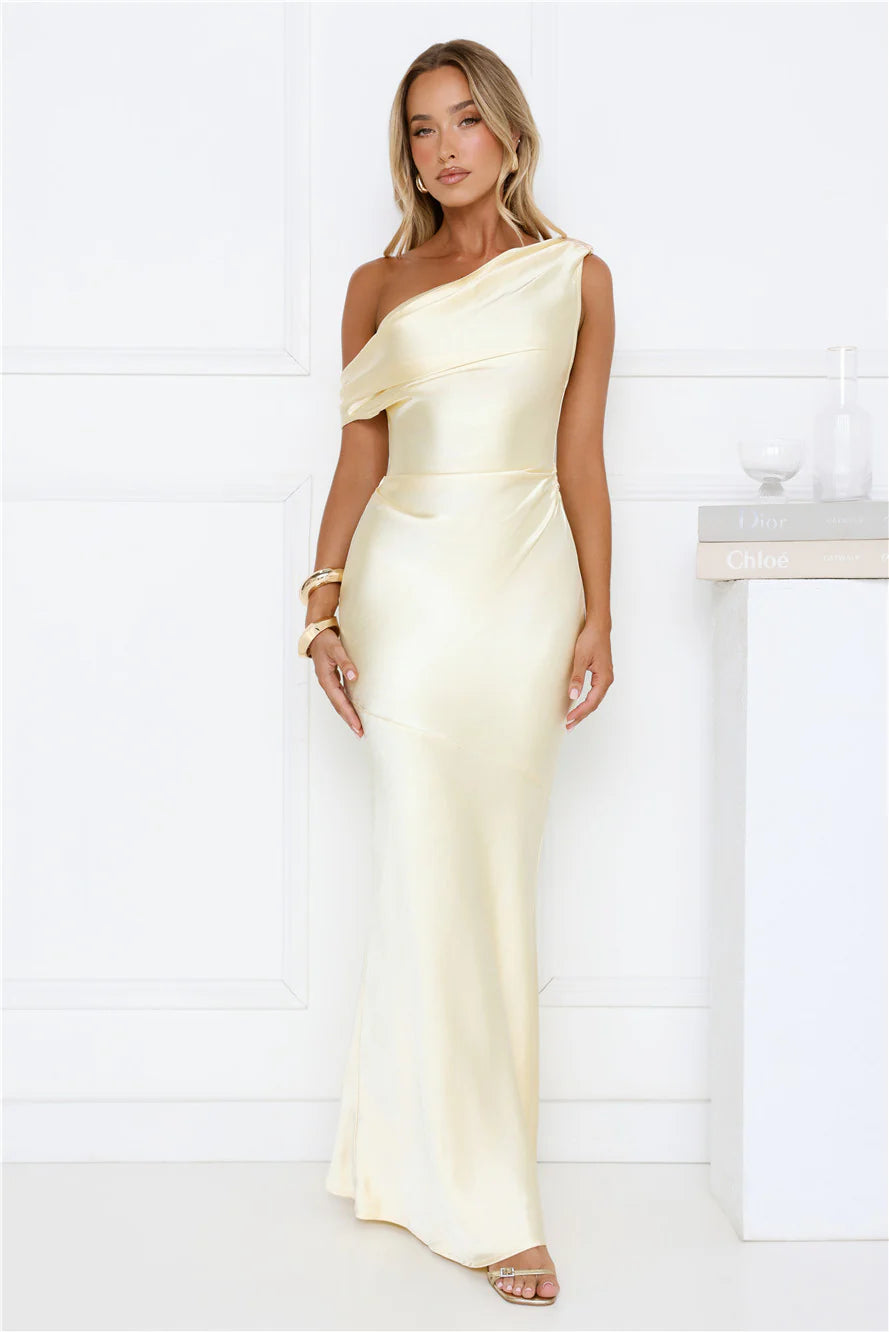 She's A Dream Satin Off Shoulder Maxi Dress Yellow
