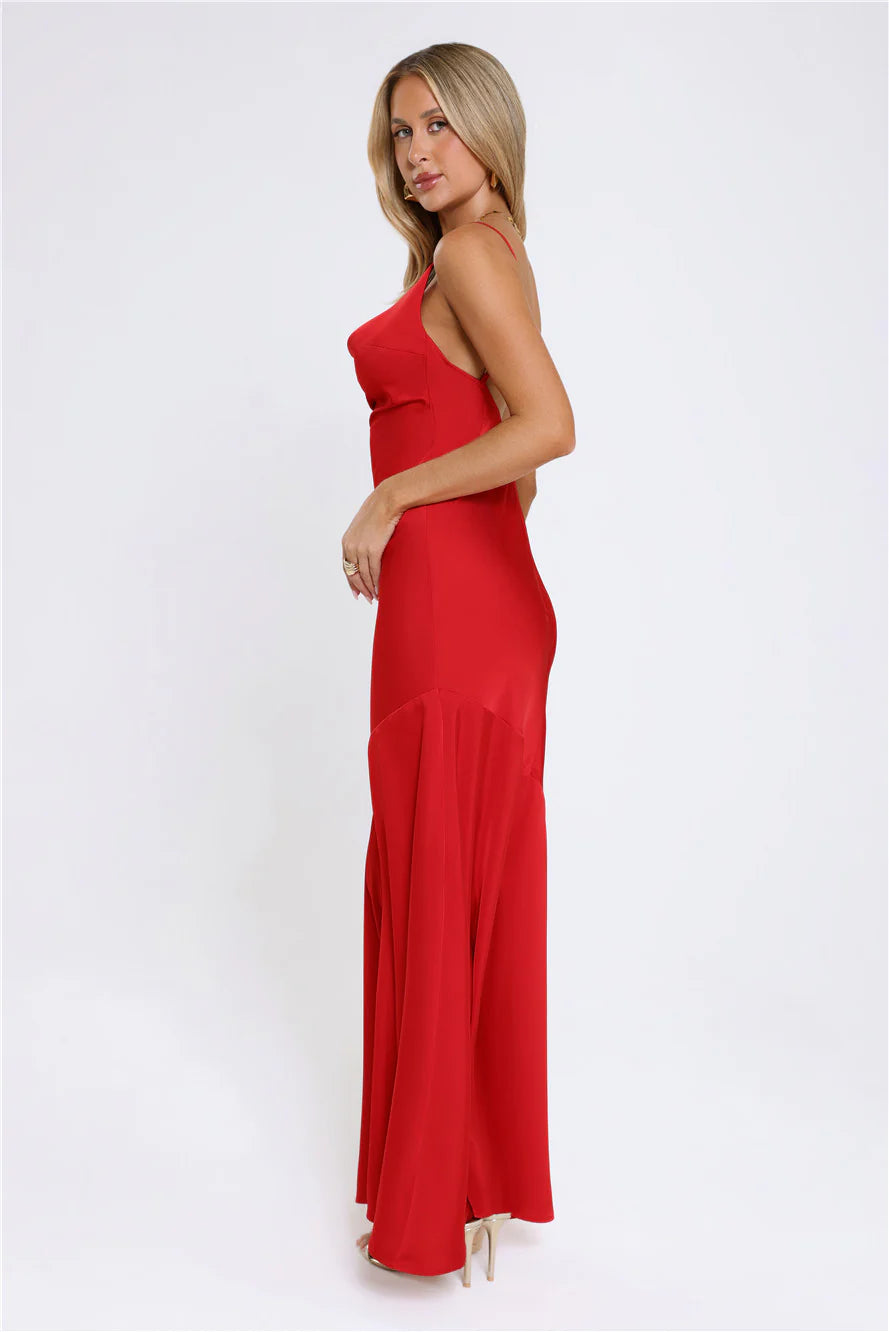 Brilliant Belle Satin Maxi Dress Red