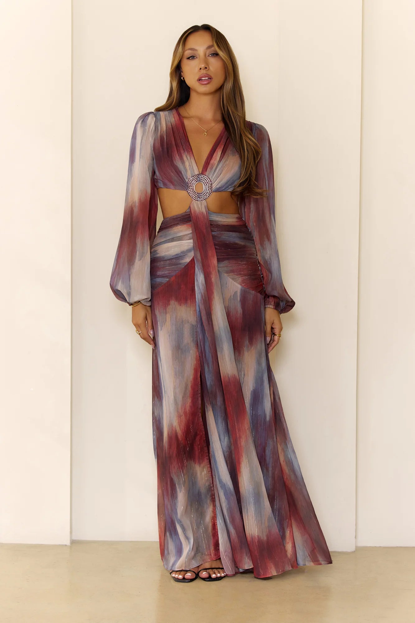 Shimmering Horizon Cutout Long Sleeve Maxi Dress Multi