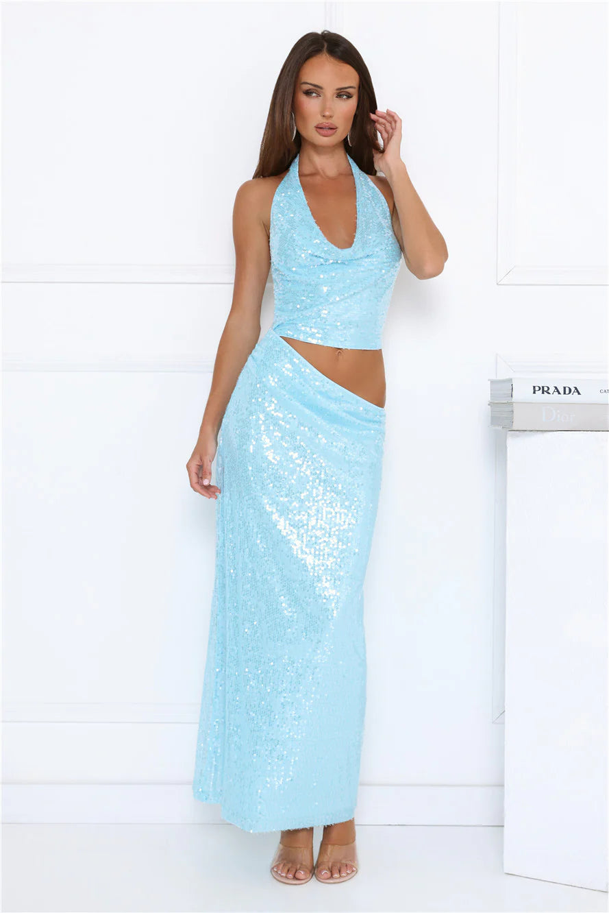 Twinkle Temptation Halter Sequin Maxi Dress Blue