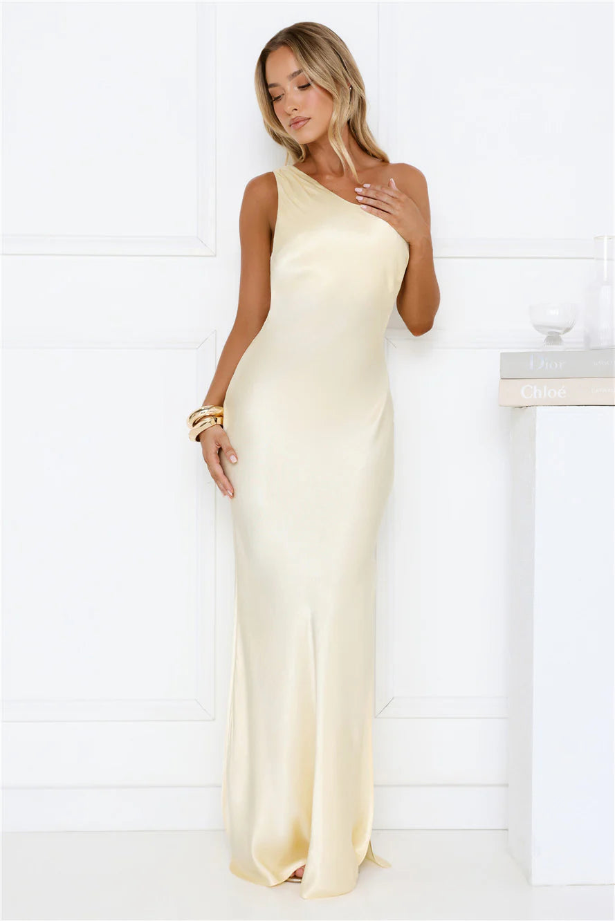 Modern Day Love One Shoulder Satin Maxi Dress Yellow