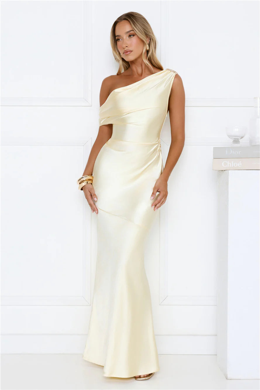 She's A Dream Satin Off Shoulder Maxi Dress Yellow