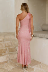 Embossed Bloom One Shoulder Maxi Dress Pink