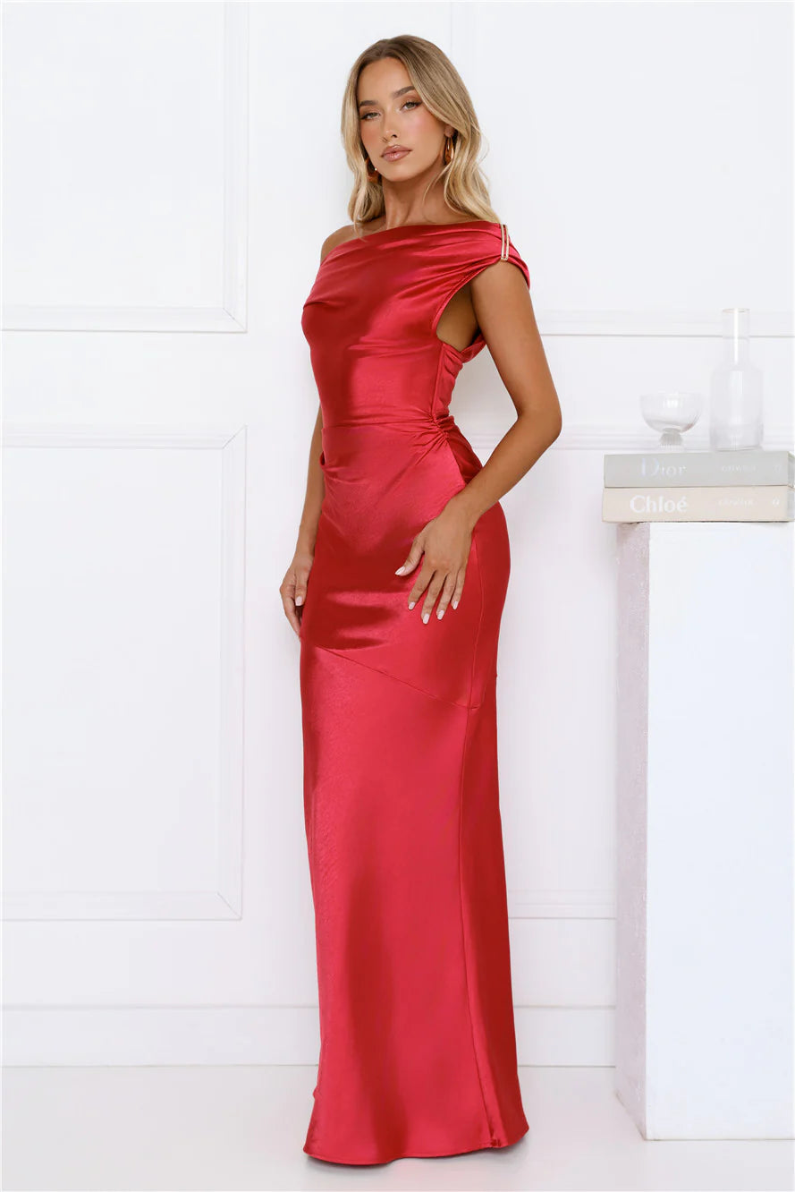 She's A Dream Satin Off Shoulder Maxi Dress Red