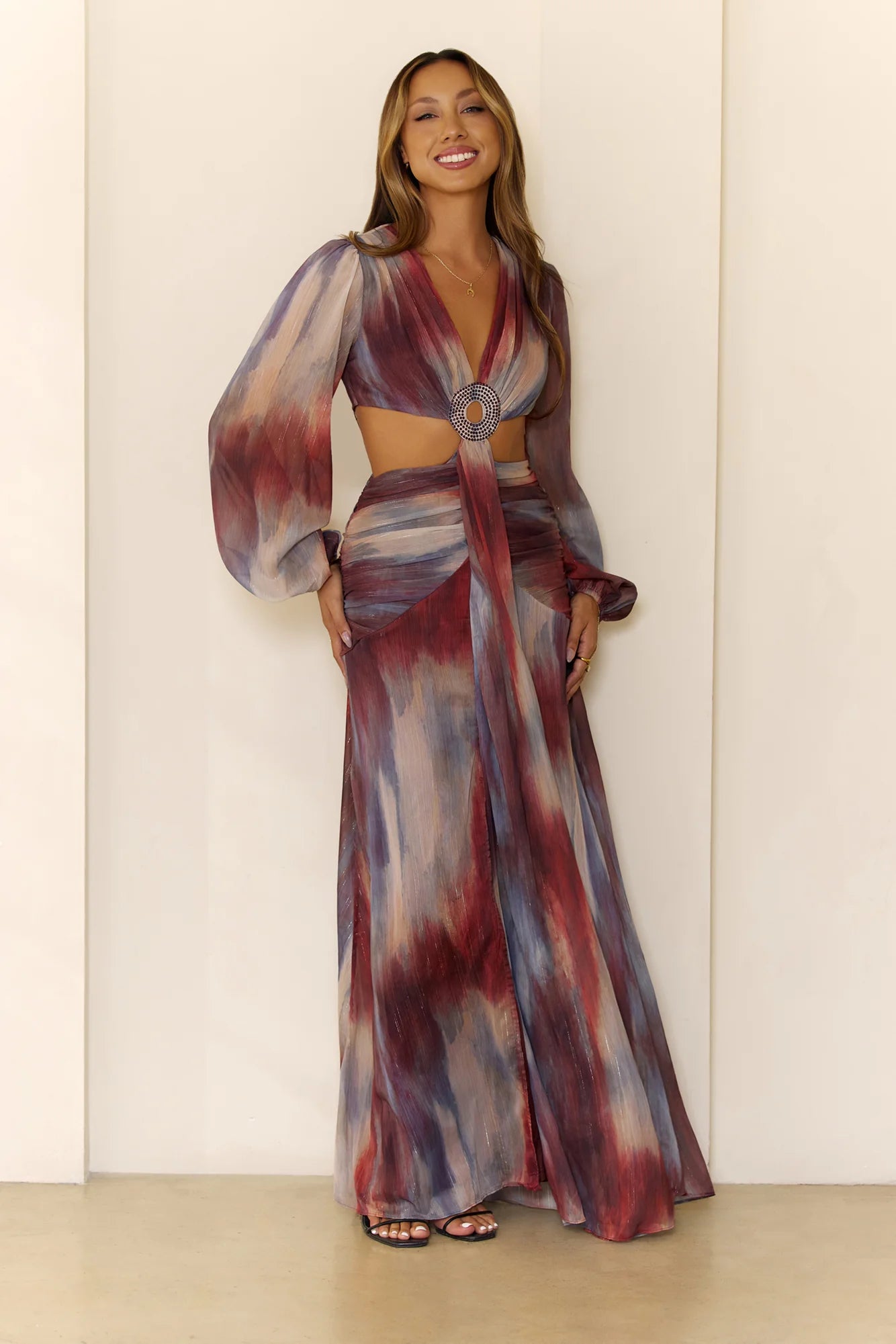 Shimmering Horizon Cutout Long Sleeve Maxi Dress Multi