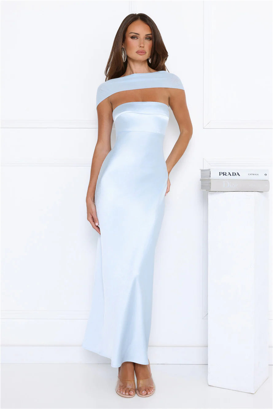 Starry Enchant Satin Strapless Maxi Dress Blue