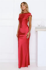 She's A Dream Satin Off Shoulder Maxi Dress Red