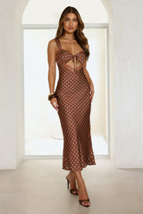 Trend Icon Polka Dot Satin Maxi Dress Brown