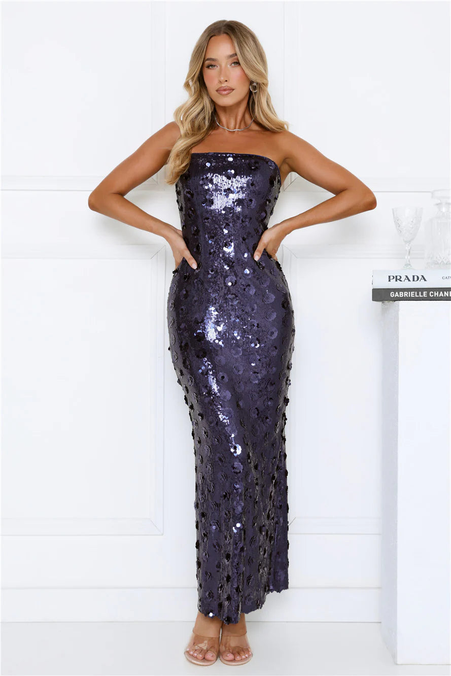Shimmer Shine Sequin Strapless Maxi Dress Navy