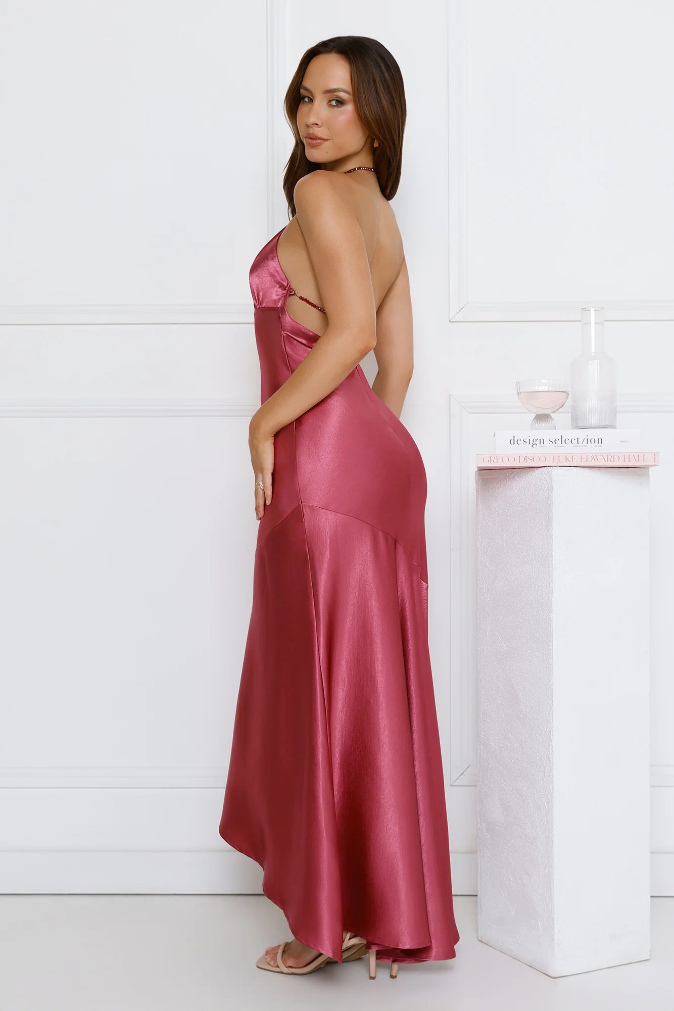 Silken Affair Halter Satin Maxi Dress Rose